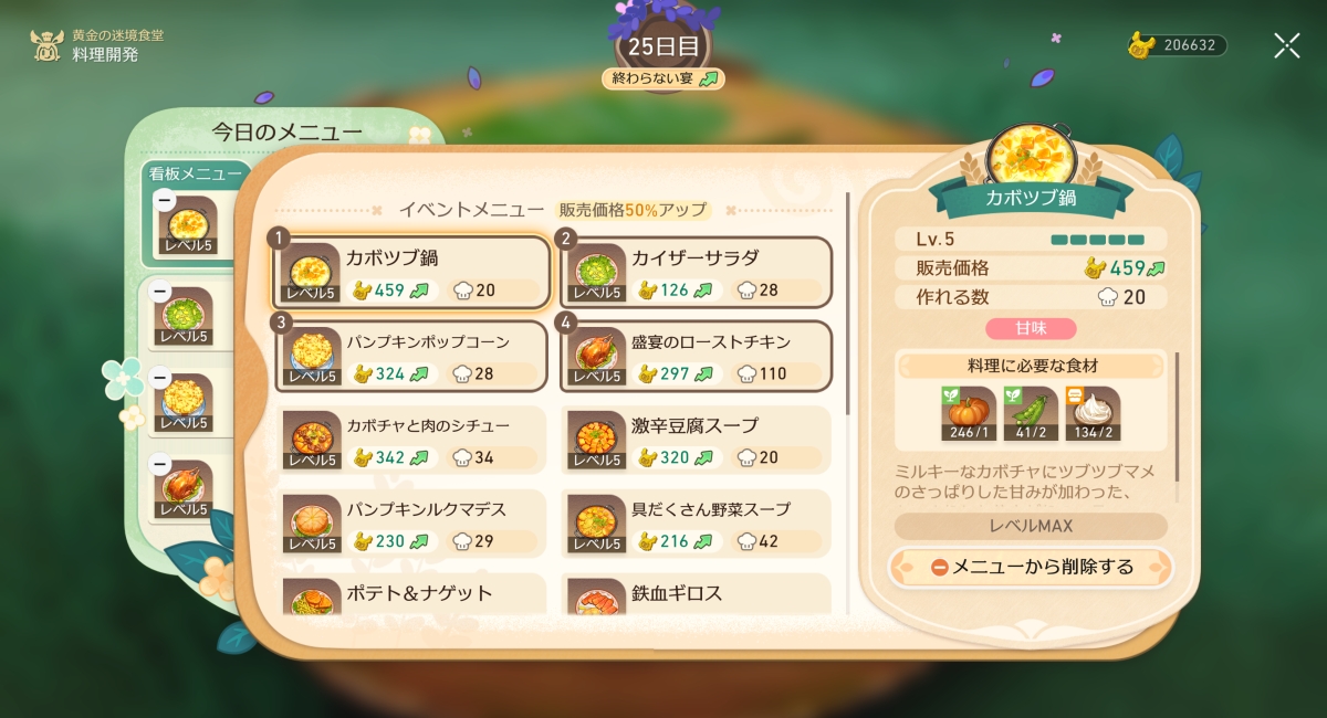 すべての料理を最高レベルにすると獲得
